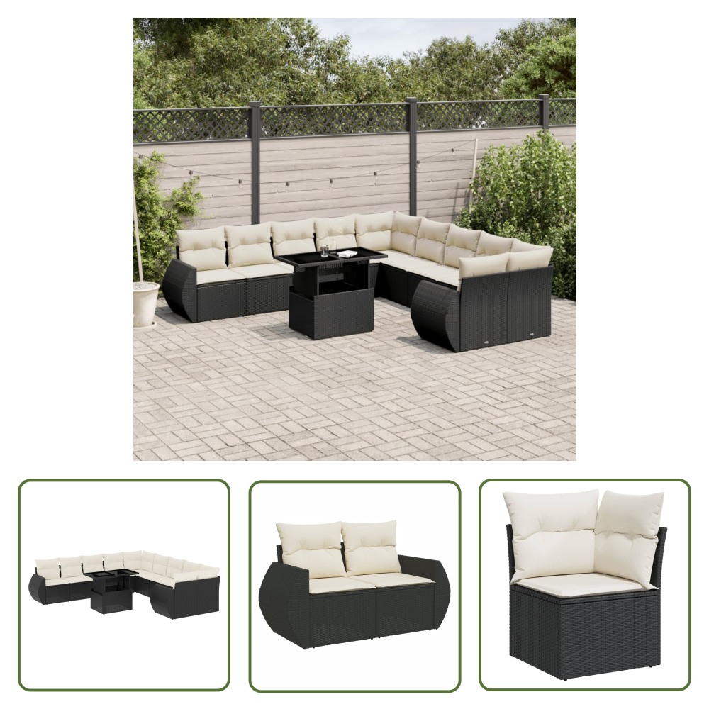 The Living Store 11-tlg. Garten-sofagarnitur Mit Kissen Schwarz Poly Rattan - Gartenmöbel - Esszimmergarnitur - Outdoor Möbel - Lounge Set - Rattan Gartenmöbel