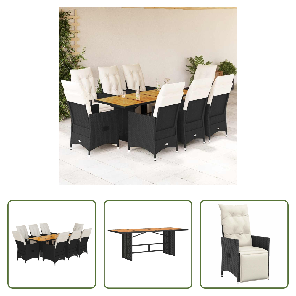 Vidaxl Relaxsessel - 9-tlg. Garten-essgruppe Mit Kissen Schwarz Poly Rattan