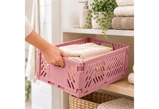 Relaxdays Klappbox, 4er Set, Stapelbar, Kunststoff, 2 Griffe, Küche, Kinderzimmer, Büro, Aufbewahrungsbox, Rosa