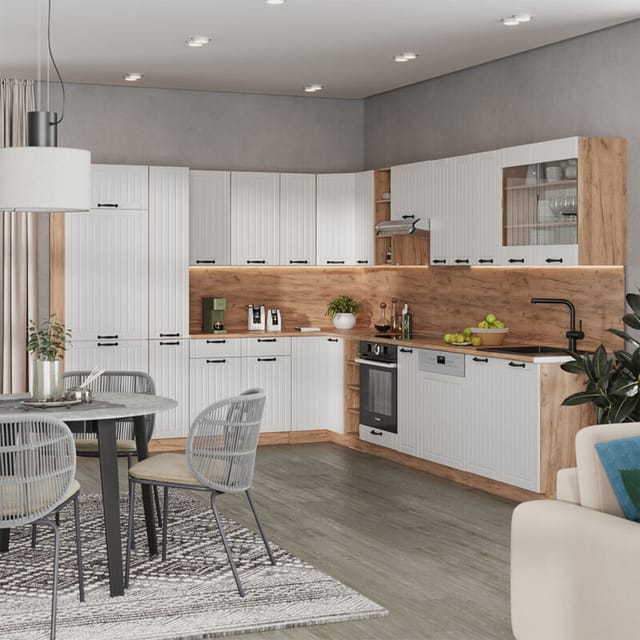 Eckküche Fame-line, Weiß Landhaus, 347 X 60 Cm , Ap Eiche, Vicco