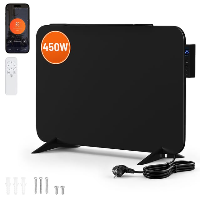 Tolletour Infrarot Heizpaneel 450w Mit Wifi App, Touch-display, Thermostat, Timer, Fernbedienung Und Handtuchhalter, Ip44, Schwarz