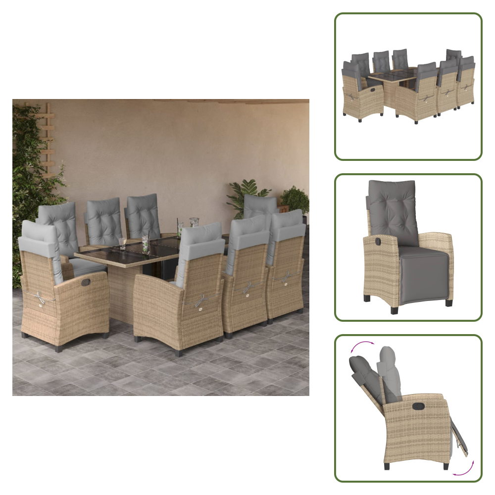 The Living Store 9-tlg. Garten-essgruppe Mit Kissen Beigemischung Poly Rattan - Gartenmöbel - Essgruppe - Outdoor Möbel - Terrassenmöbel - Rattan Gartenmöbel