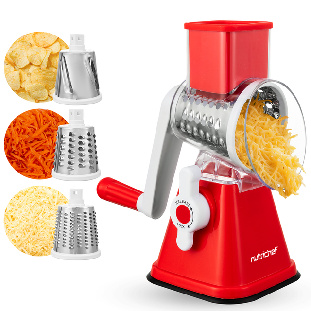 Nutrichef 3-in-1 Käsereibe - Mit Handkurbel – Kompakte Trommelreibe Für Gemüse & Käse – 3 Schneidetrommeln Für Fein, Mittel Oder Streifen – Rutschfester Stand – Praktische Küchenreibe – Rot