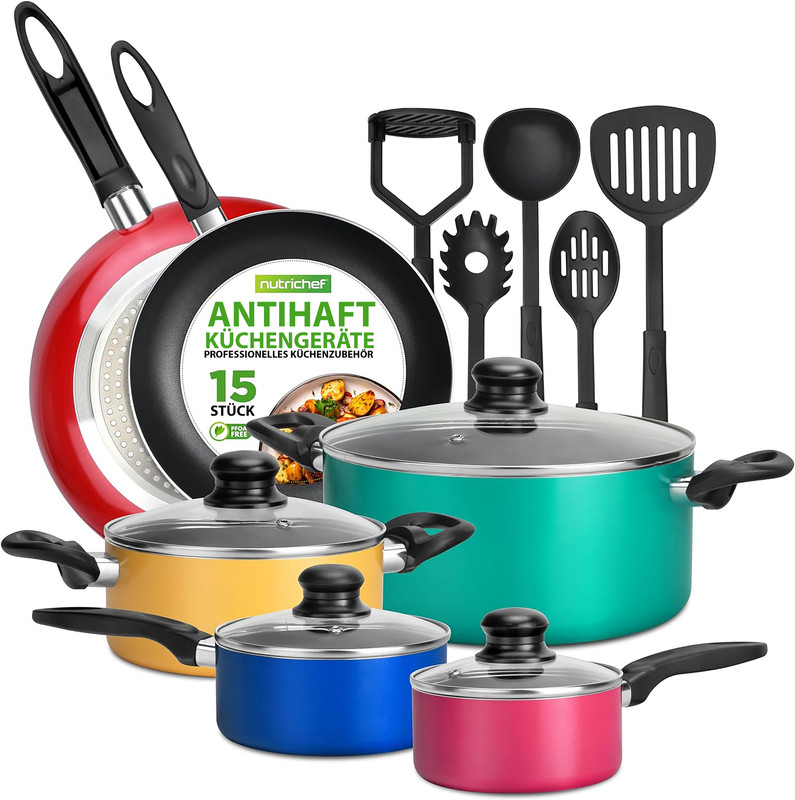 Nutrichef Topf- & Pfannenset 15-teilig, Antihaft, Bunt