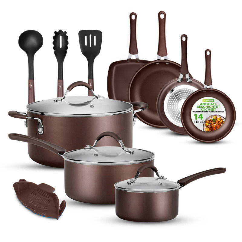 Nutrichef Topf- & Pfannenset 14-teilig, Antihaft, Braun