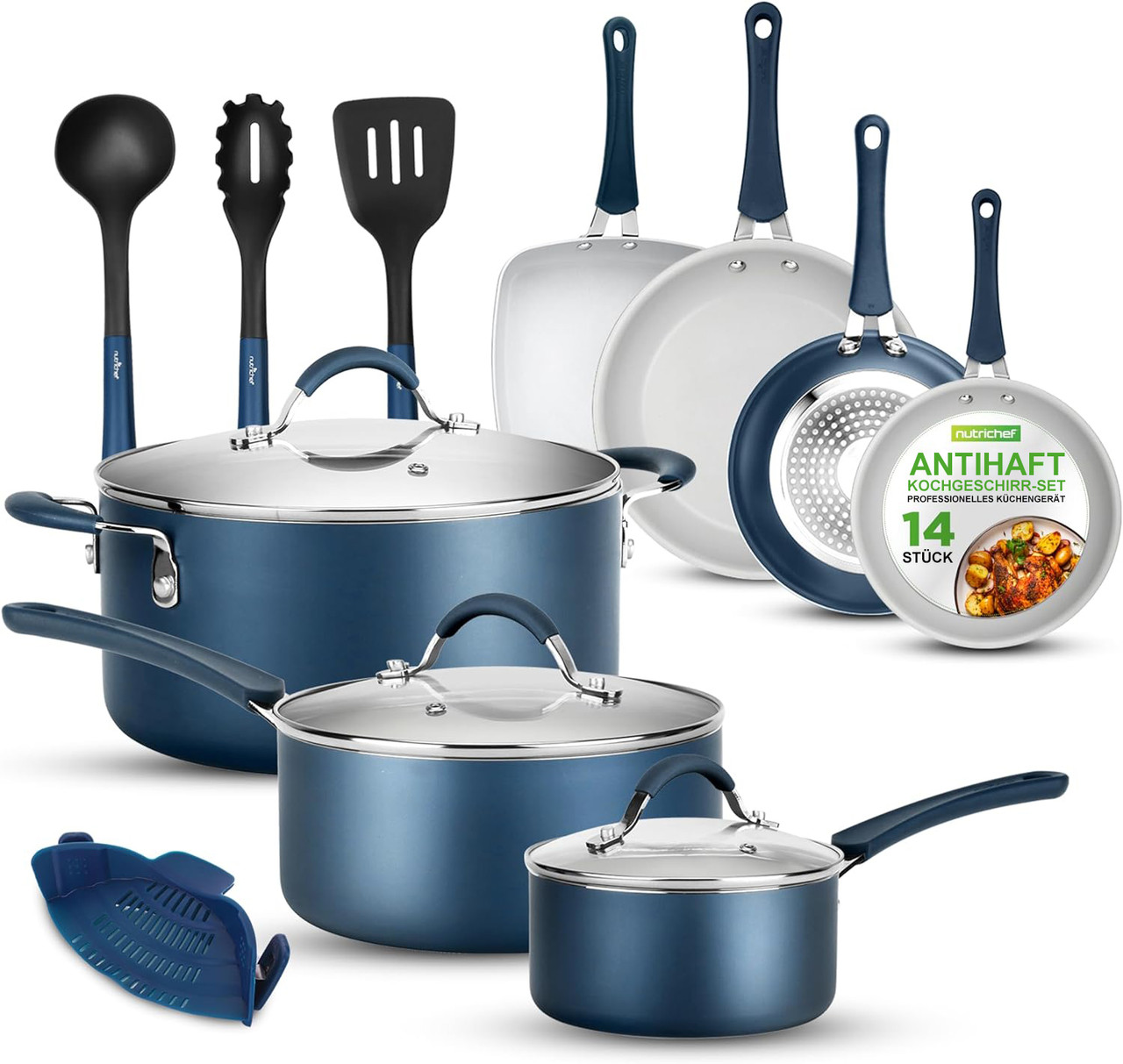 Nutrichef Topf- & Pfannenset 14-teilig, Antihaft, Blau