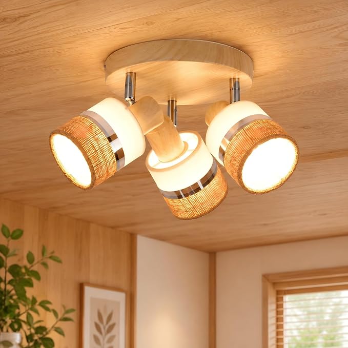 Gbly Led-deckenleuchte – Drei Runde, Drehbare E14-lampen Retro-holzoptik Stoff-lampenschirm Boho-stil Metallgehäuse Maximale Leistung 25 W Geeignet Für Flure Wohnzimmer, Schlafzimmer Und Küchen Leucht