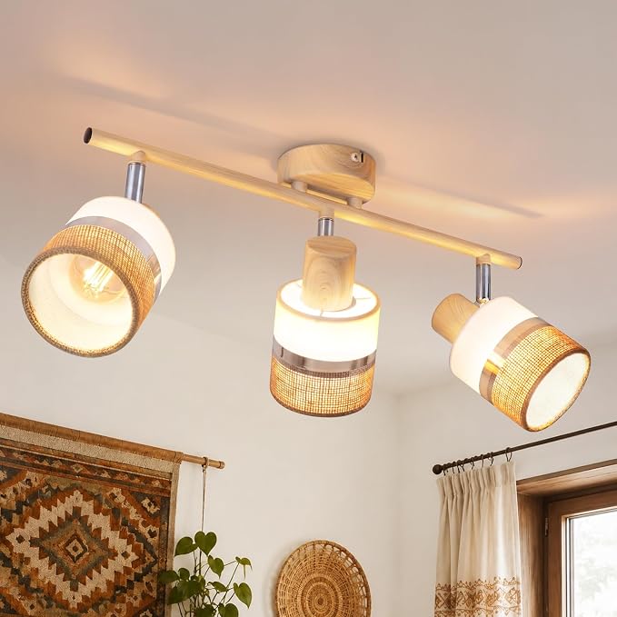 Gbly Led-deckenleuchte – Drei Lampen, Fassung E14 Retro-stil Holzoptik Boho-stil Geeignet Für Flur Schlafzimmer Und Wohnzimmer (leuchtmittel Nicht Enthalten)