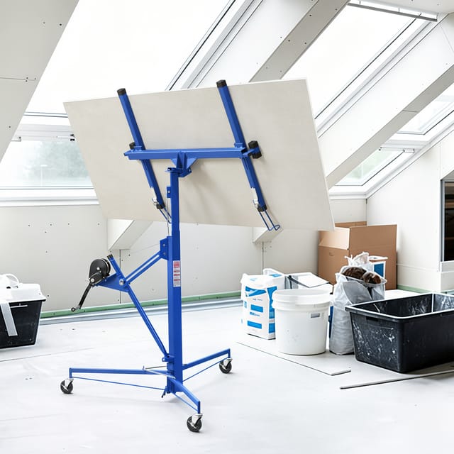Jiubiaz Plattenlift Aus Q195-stahl Für Gipskartonplatten, Tragkraft 68 Kg, Höhe 126–325 Cm, 3 Feststellbare Rollen, Blau