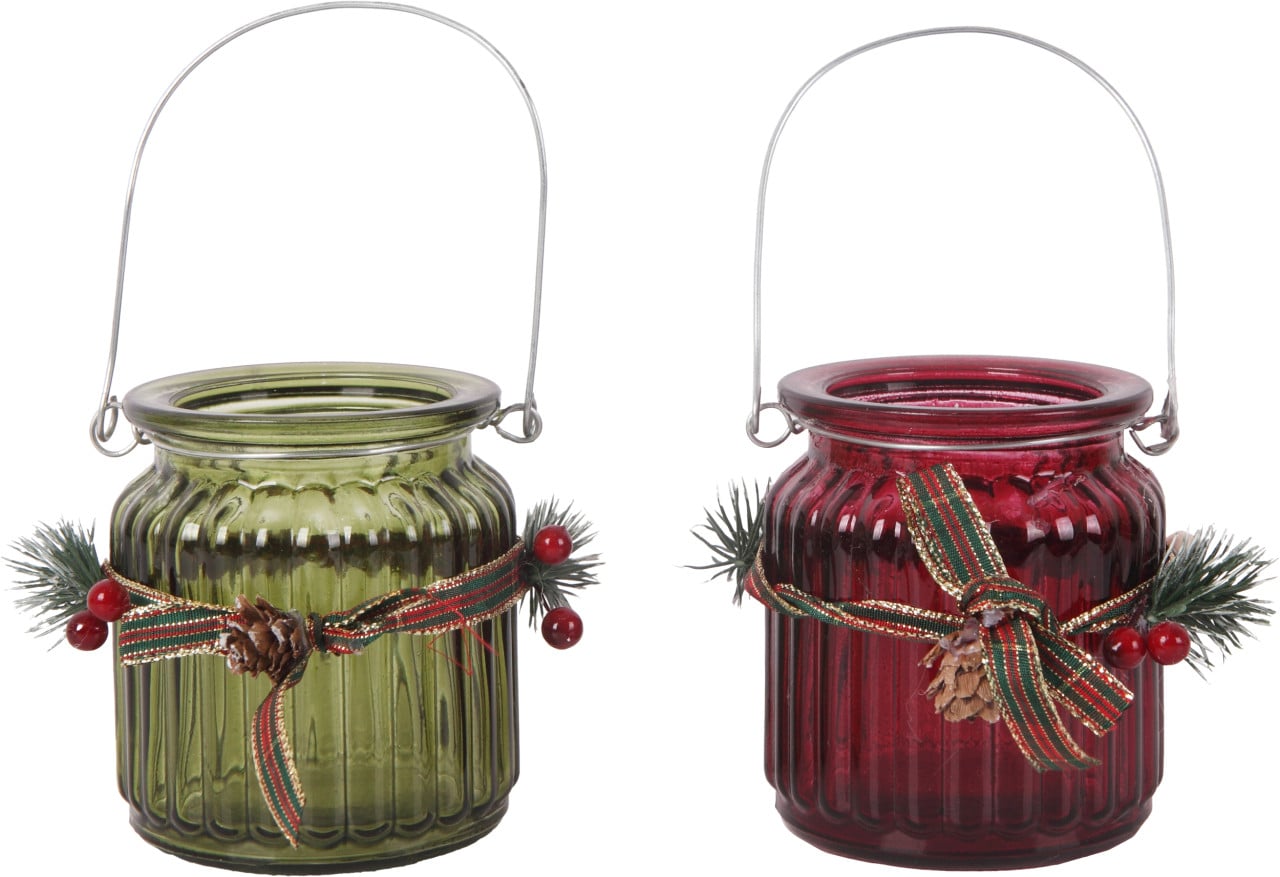 Windlicht Mit Weihnachtsschmuck Glas Ø 8 X 9 Cm Rot Grün 2-fach Sortiert Dekoartikel