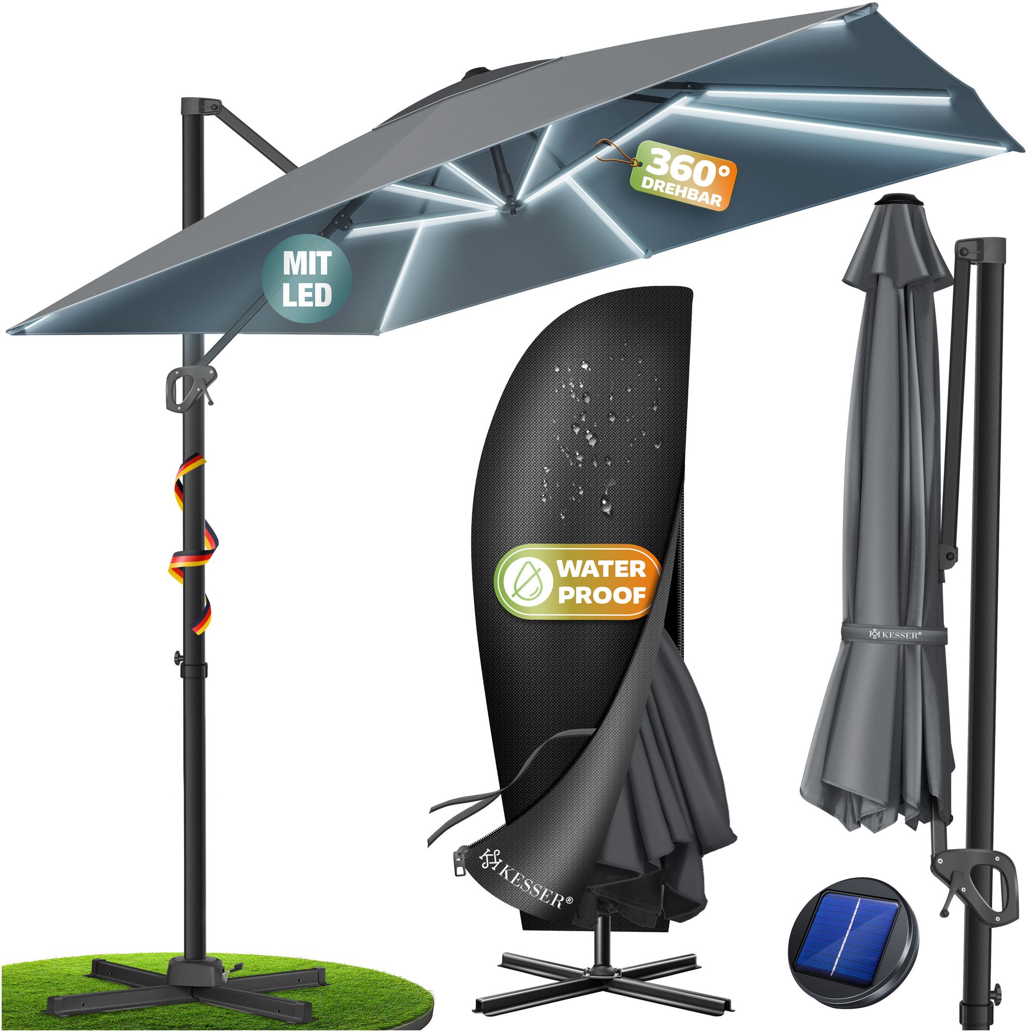 Kesser® Ampelschirm Sun Xl 300 X 300 Cm, Drehbar, Uv50+ - Anthrazit, Mit Led