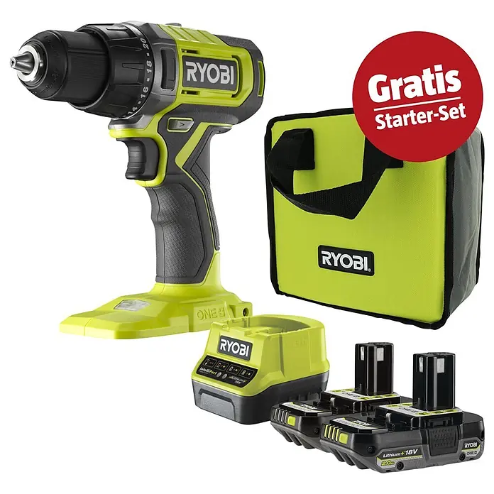 Ryobi ONE+ Maschinen-Set (Akku-Bohrschrauber RDD18-2C20S + gratis Starter-Kit)