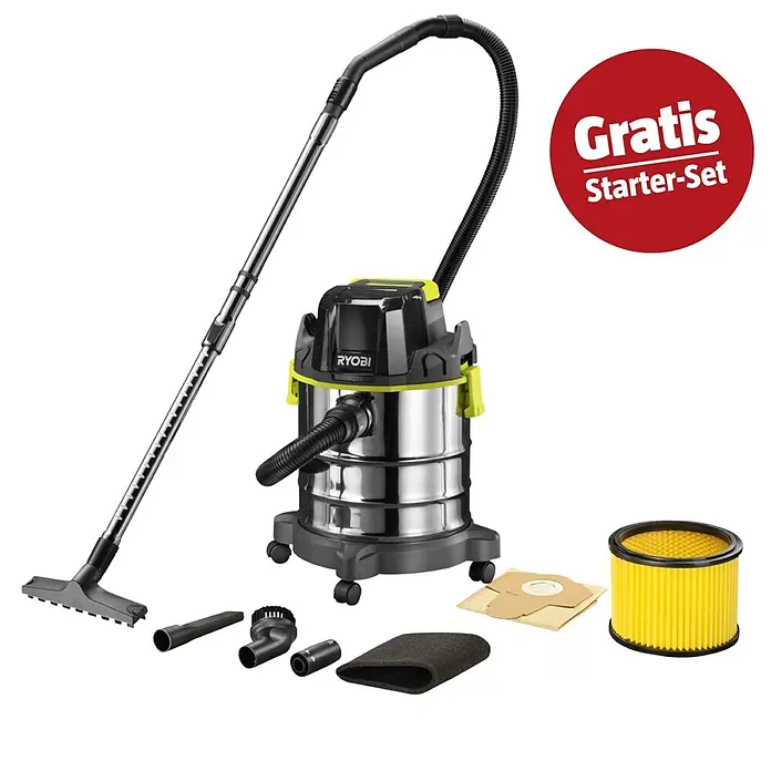 Ryobi ONE+ Maschinen-Set (Akku-Nass-Trockensauger R18WDV-0 + gratis Starter-Kit)