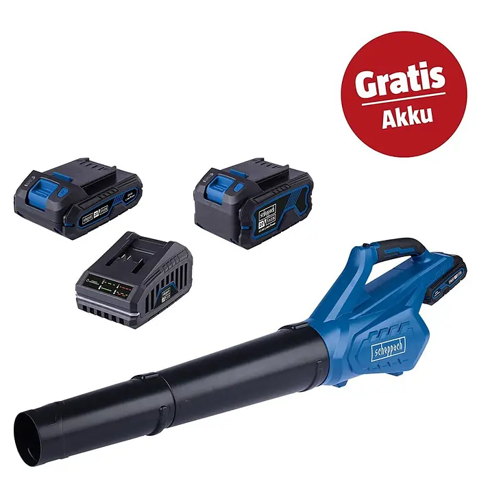 Scheppach IXES 20V Akku-Laubbläser-Set C-BL700-X Set S (20 V, 2 Akkus, 2 Ah, Blasgeschwindigkeit: 32 m/s - 155 km/h, Blasleistung: 516 m³/h)