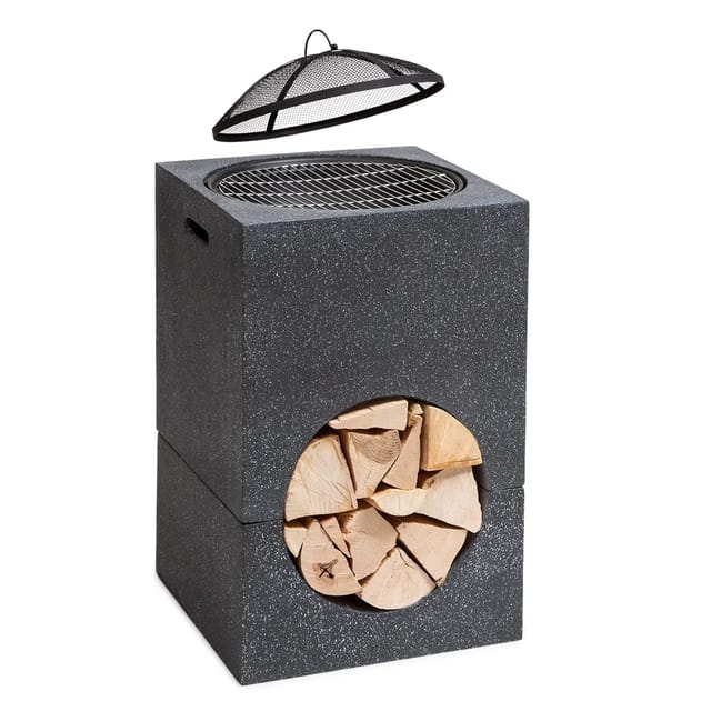 Blumfeldt Monolith Feuerschale mit Grill MGO & Stahlschale inkl. Funkenschutz Dunkelgrauer Granit