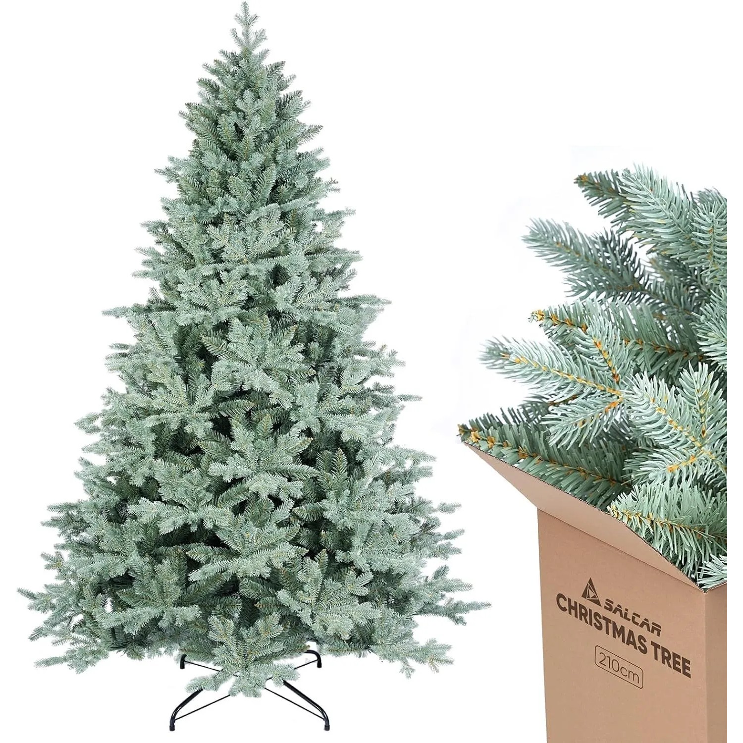 SALCAR 210 cm Künstlicher Weihnachtsbaum aus 80% PE, Natürliche Blaugrau Tanne, Christbaum mit Schnellaufbau-Klappsystem und Metallständer