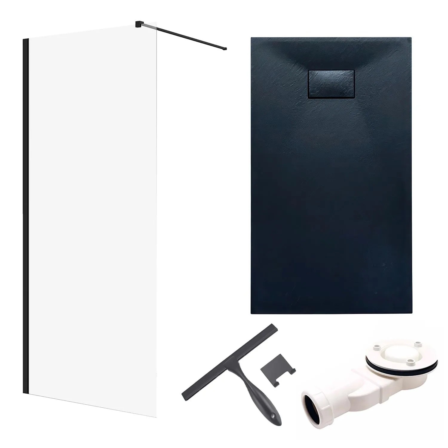 KOLMAN Duschset Walk-In Duschwand 100 x 195 Cm Mit Duschwanne 120 x 80 Cm Mit Zusätzlicher Seitenwand Schwarz/Schwarz