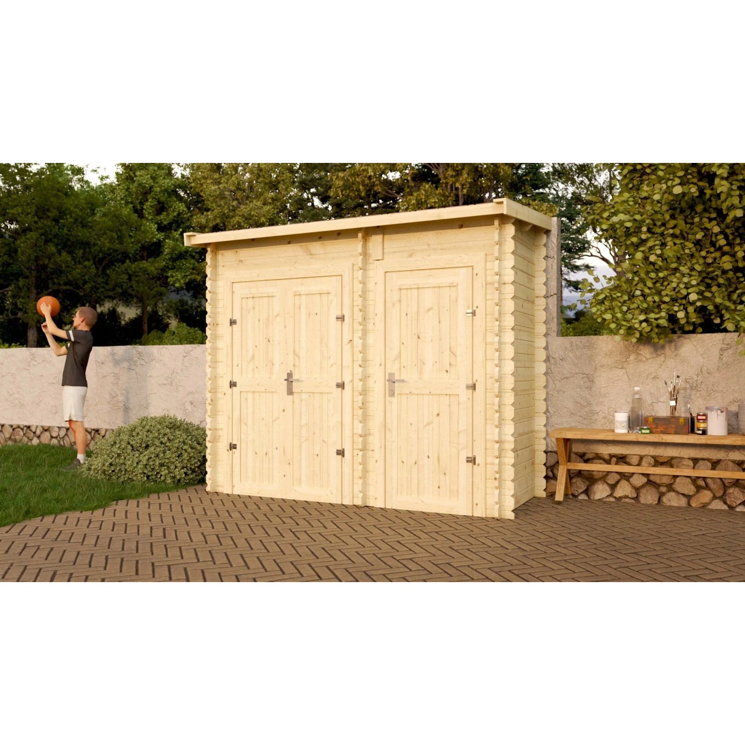 Woodtex Gerätehaus Blockbohlenhaus Anbauschrank Barik 28 mm Naturbelassen