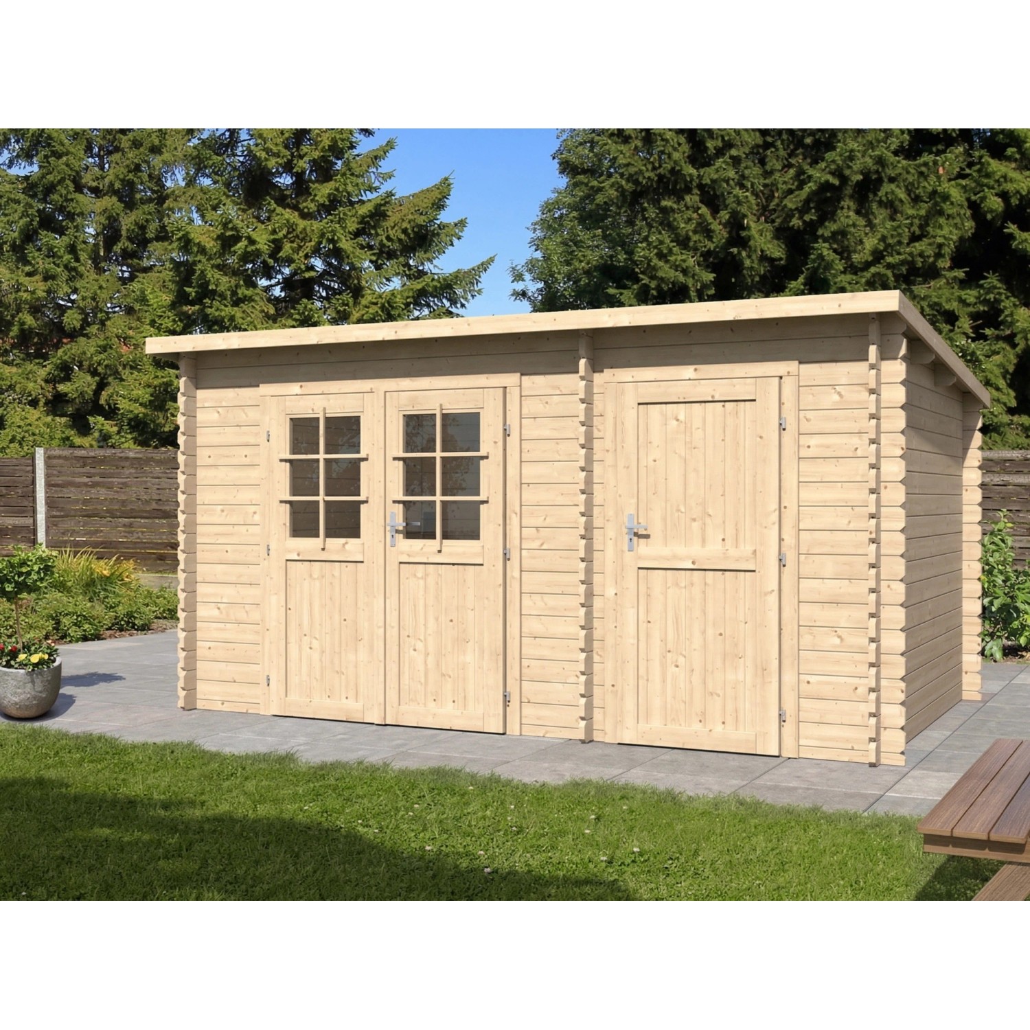 Woodtex Gartenhaus Blockbohlenhaus Aster 2 C 28 mm Pultdach Zweiraumhaus