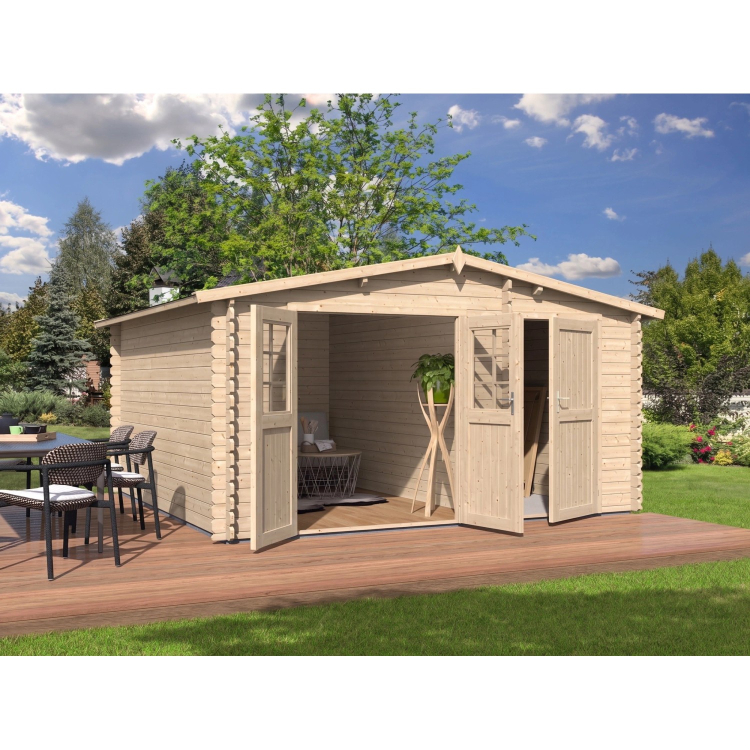 Woodtex Gartenhaus Blockbohlenhaus Aster 1 B 28 mm Satteldach Zweiraumhaus