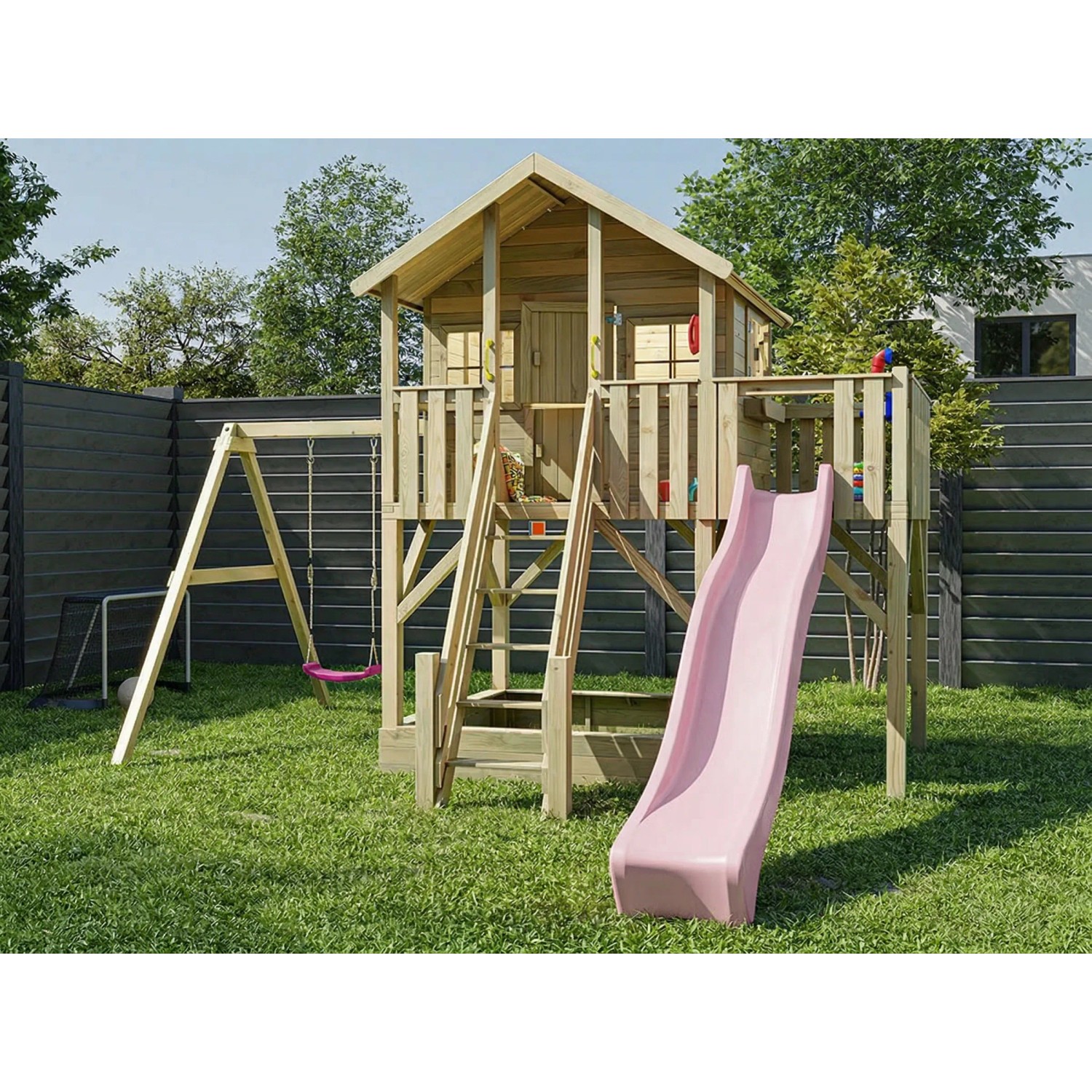 Prestige Garden Stelzenhaus Big House XL KDI Inklusive Einzelschaukel und Rutsche Pastellrosa