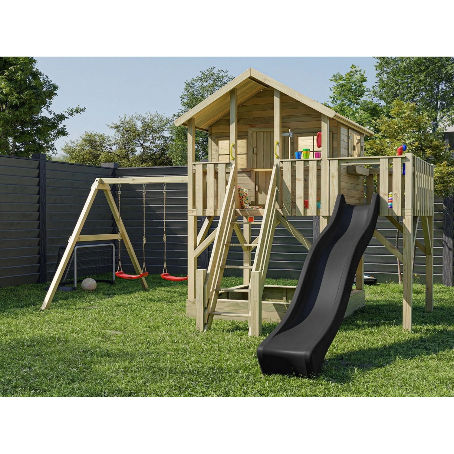 Prestige Garden Stelzenhaus Big House XL KDI Inklusive Doppelschaukel und Rutsche Grau