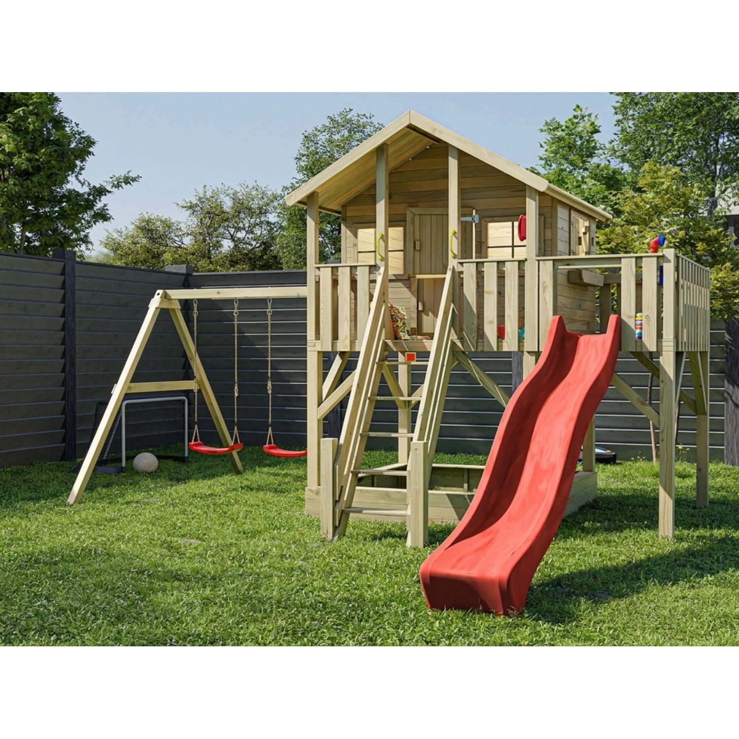 Prestige Garden Stelzenhaus Big House XL KDI Inklusive Doppelschaukel und Rutsche Rot