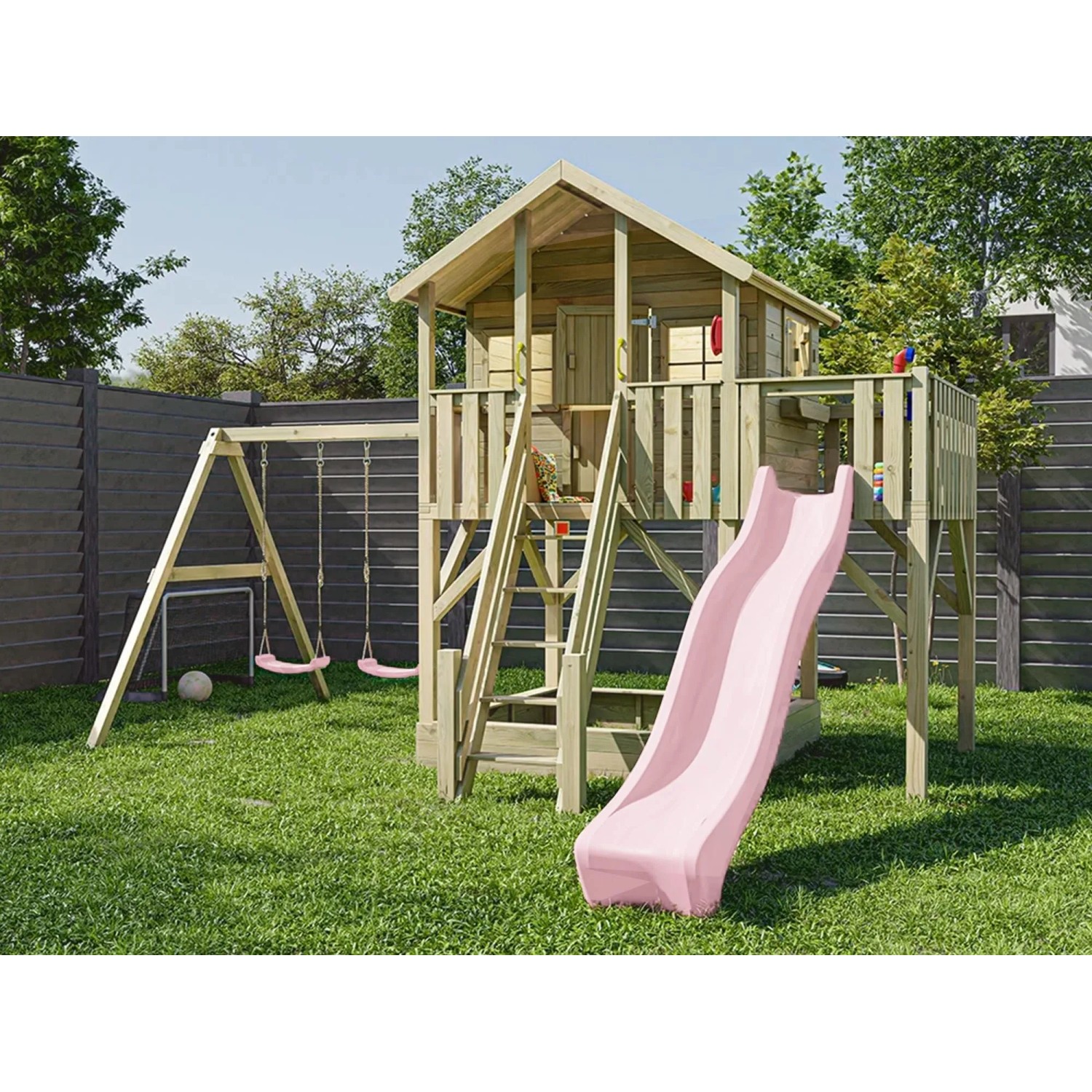 Prestige Garden Stelzenhaus Big House XL KDI Inklusive Doppelschaukel und Rutsche Pastellrosa