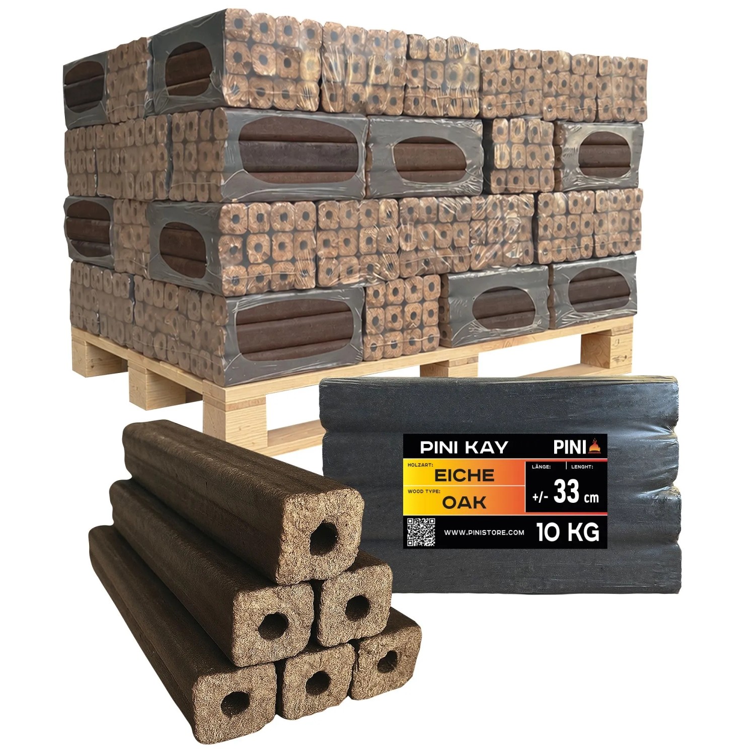 PINI Kay Eichenholzbriketts 33 cm 630 kg Palette Hartholzbriketts Brennholz Eiche Kamin Ofen