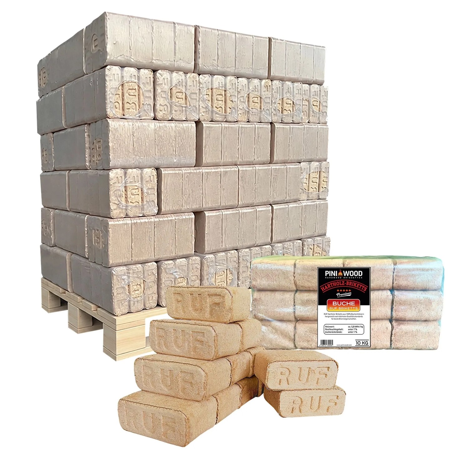 PINI RUF Holzbriketts 100% Buche 630 kg Palette Harholz Briketts für Kamin Ofen Grill Feuerschale