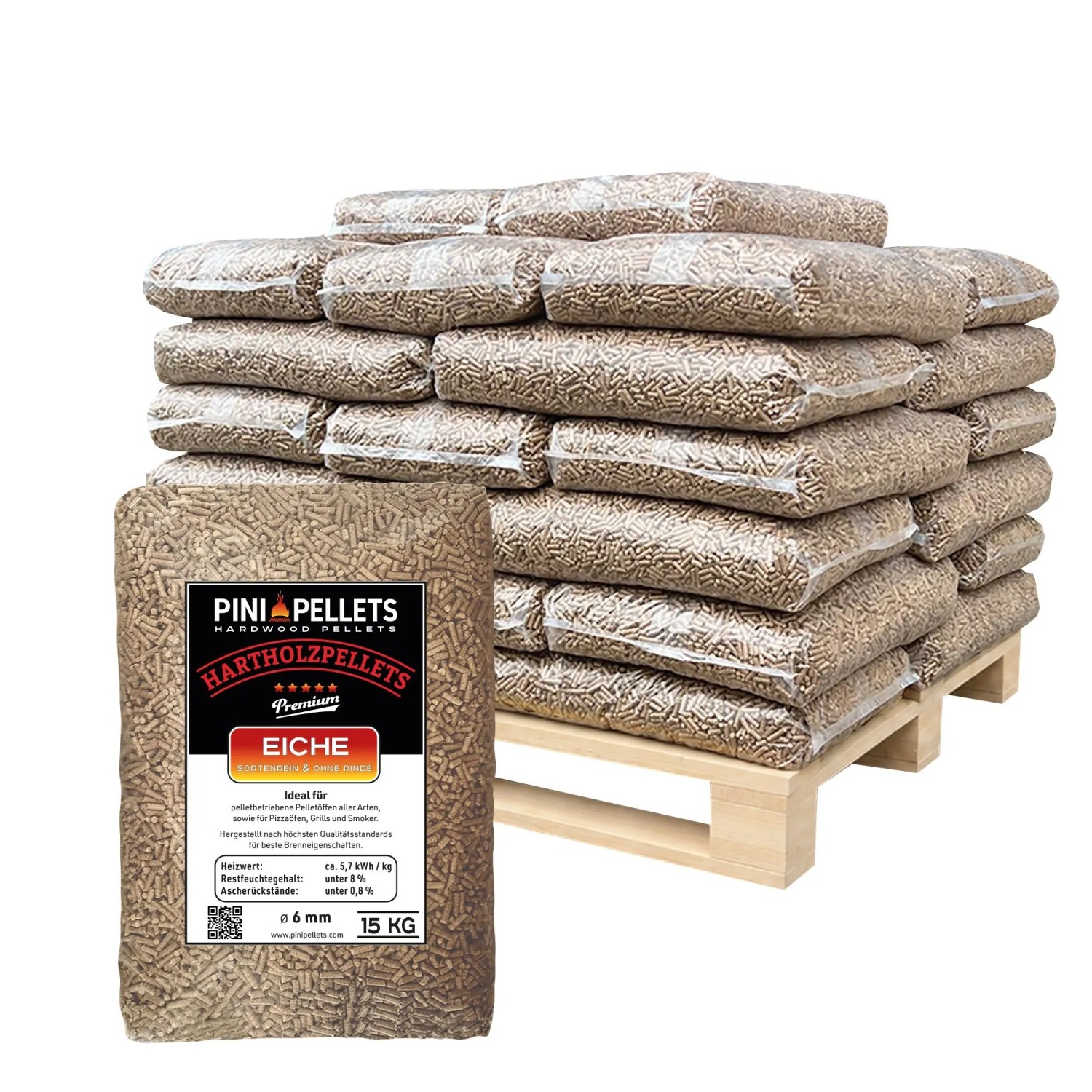 PINI Hartholz Pellets 6 mm 100% Eiche 480 kg Palette Holzpellets