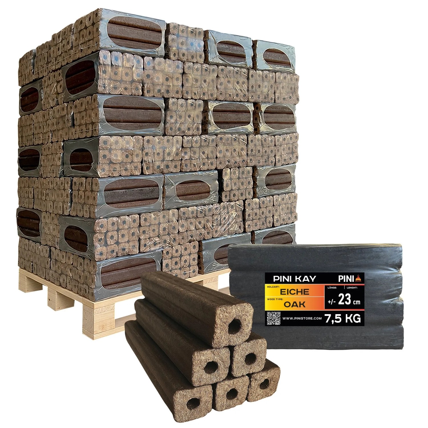 PINI Kay Eichenholzbriketts 23 cm 960 kg Palette Hartholzbriketts Brennholz Eiche Kamin Ofen