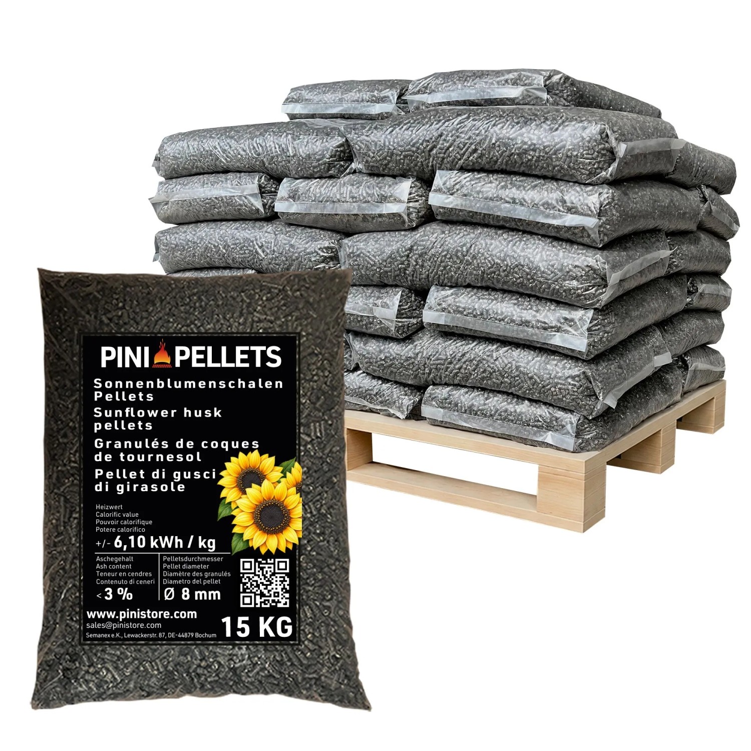 PINI Sonnenblumenschalen Pellets 8 mm Heizpellets 480 kg Palette