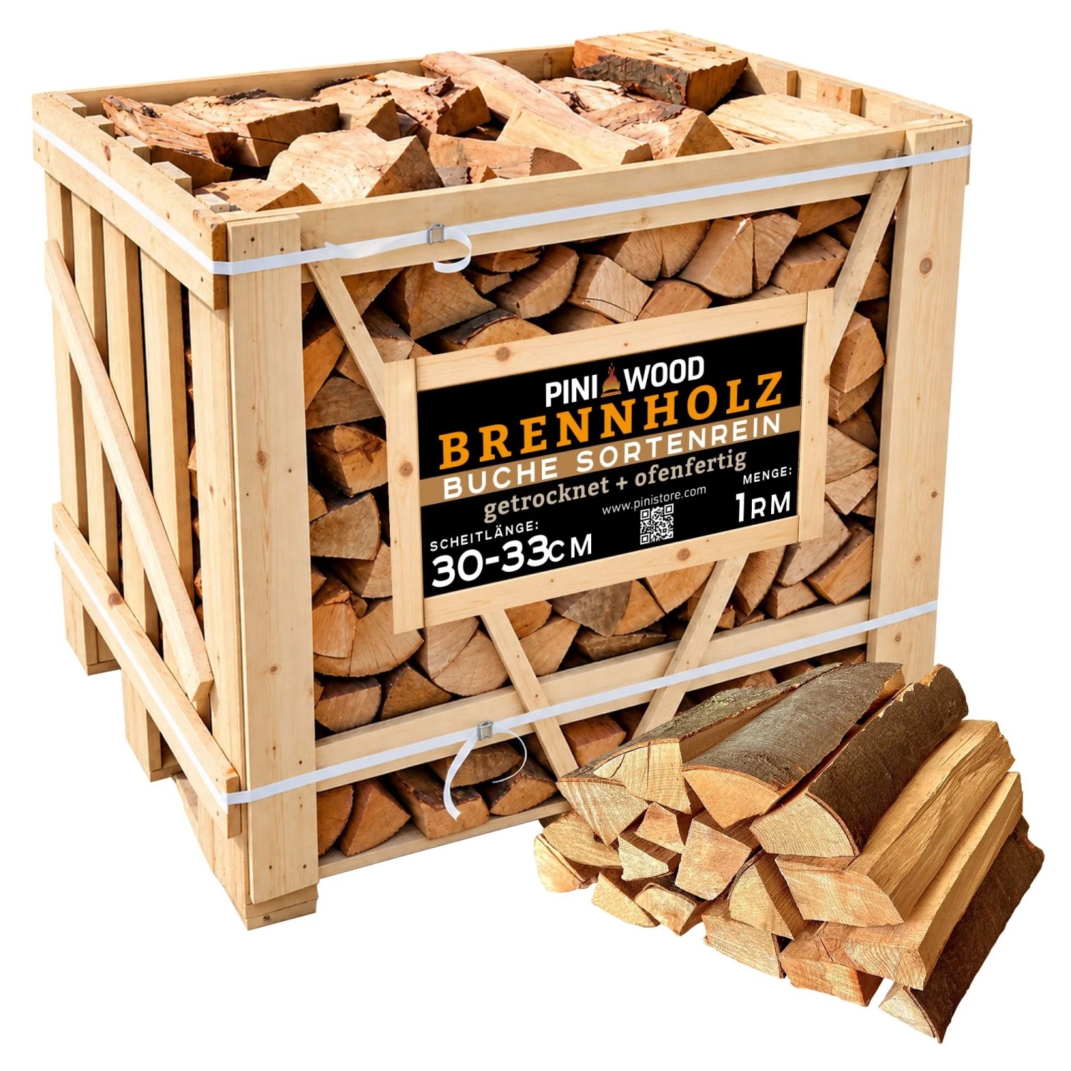 PINI Brennholz Ofenfertig Buche ca. 30-33 cm 1 Raummeter Box für Kamin Grill Smoker