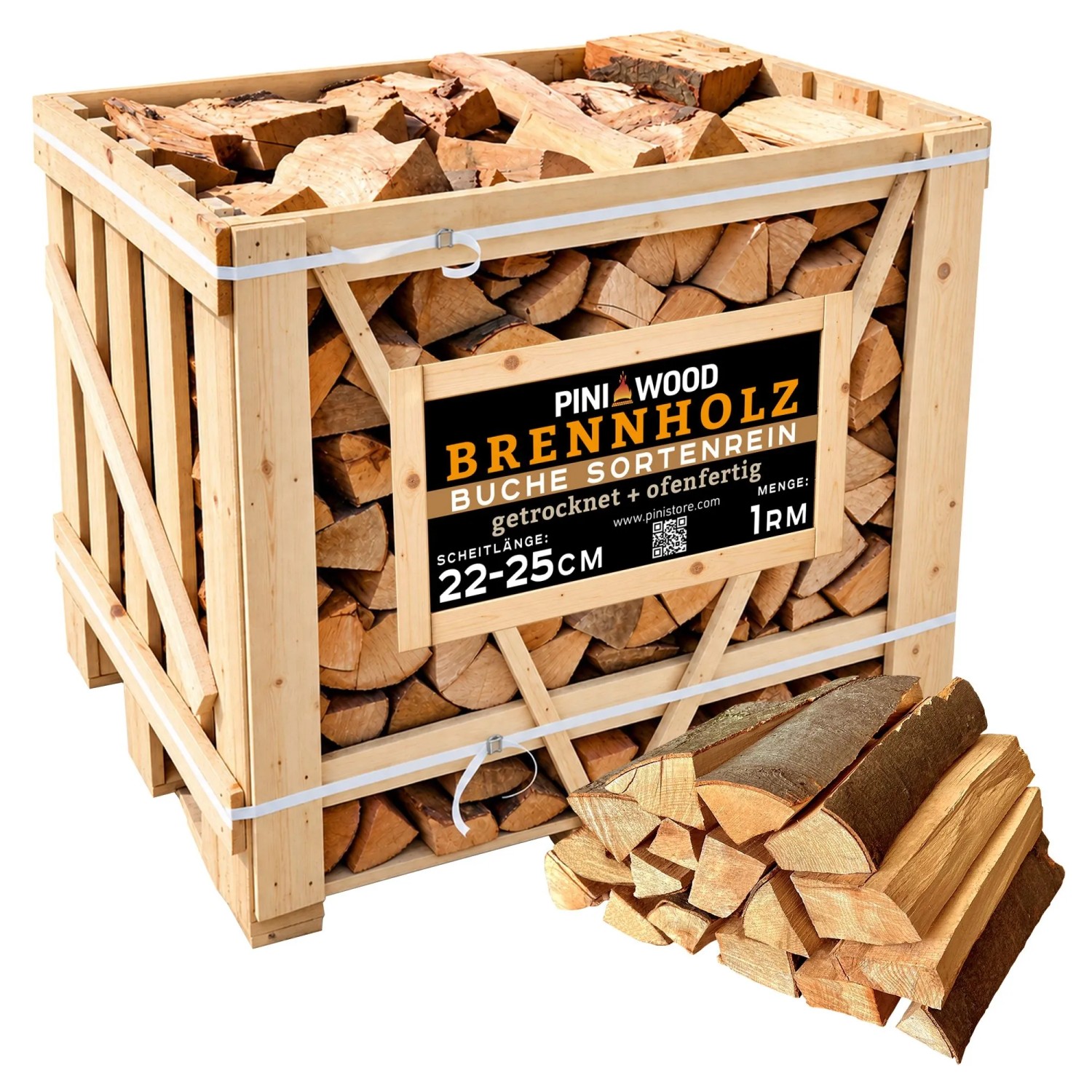 PINI Brennholz Ofenfertig Buche ca. 25 cm 1 Raummeter Box für Kamin Grill Smoker