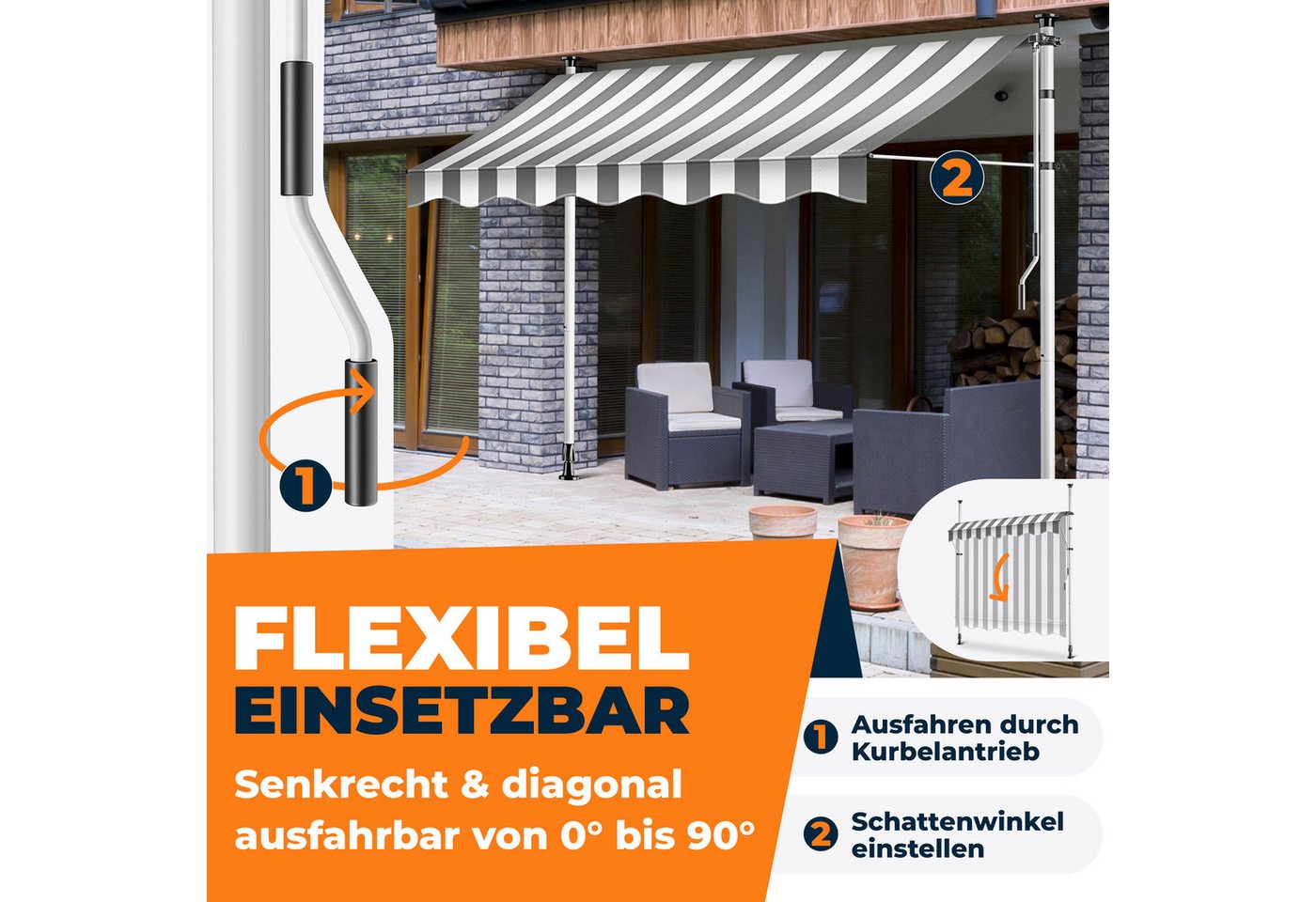 KESSER Klemmmarkise für Balkon mit Handkurbel Ohne Bohren 150 cm Weiß Grau Bild 3