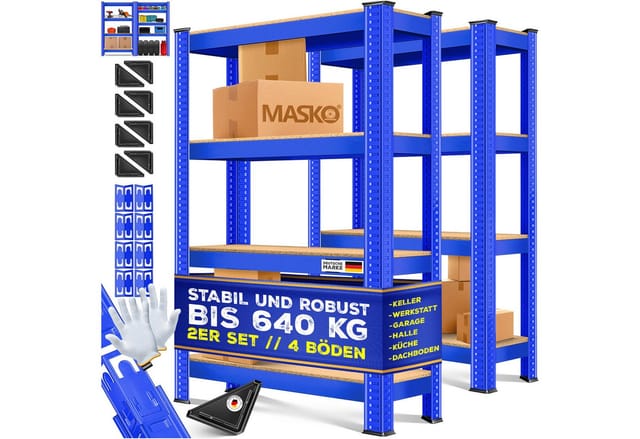 MASKO Schwerlastregale 160 x 80 x 40 cm 4 Böden 700 kg Blau 2er Set
