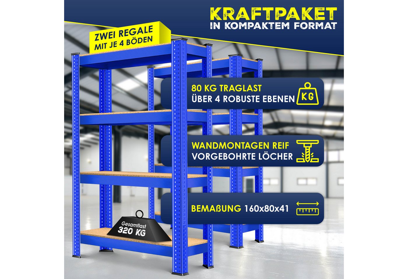 MASKO Schwerlastregale 160 x 80 x 40 cm 4 Böden 700 kg Blau 2er Set Bild 3
