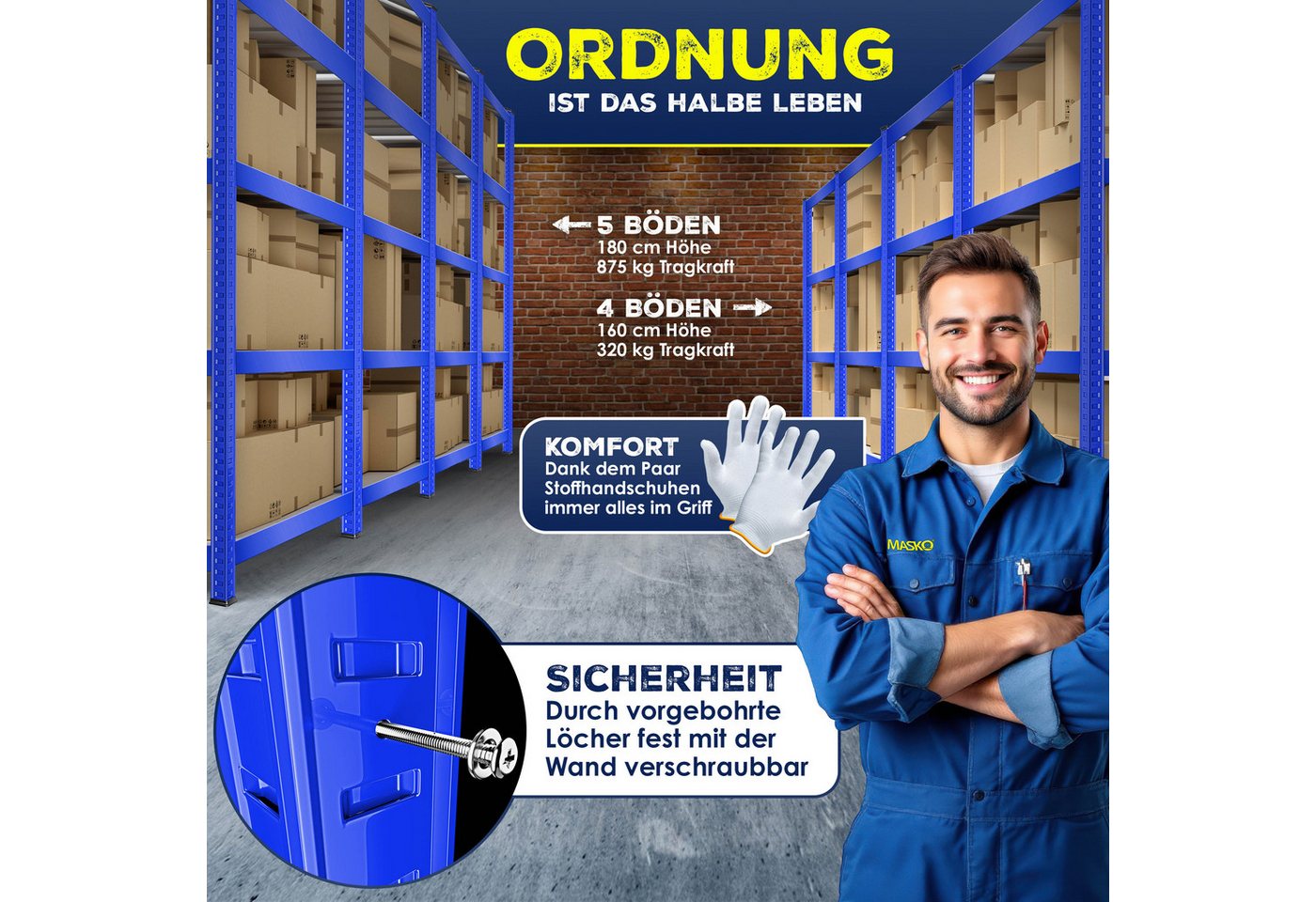 MASKO Schwerlastregale 160 x 80 x 40 cm 4 Böden 700 kg Blau 2er Set Bild 4