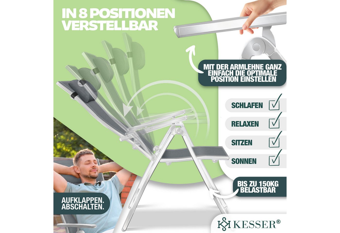 KESSER Gartenstuhl Hochlehner Aluminium Klappbar Hellgrau 4 Stück Bild 2