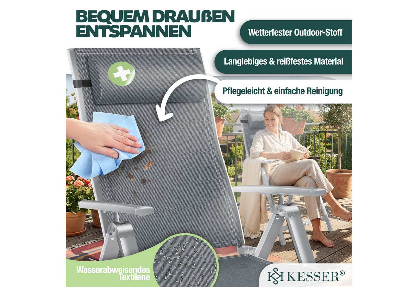 KESSER Gartenstuhl Hochlehner Aluminium Klappbar Hellgrau 4 Stück Bild 4