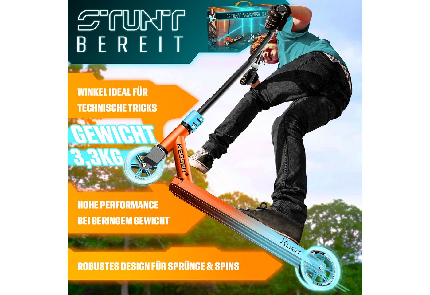 KESSER Stuntscooter X-Limit 360° Lenkung ABEC 9 100 mm PU Räder Rot Hellblau Bild 4