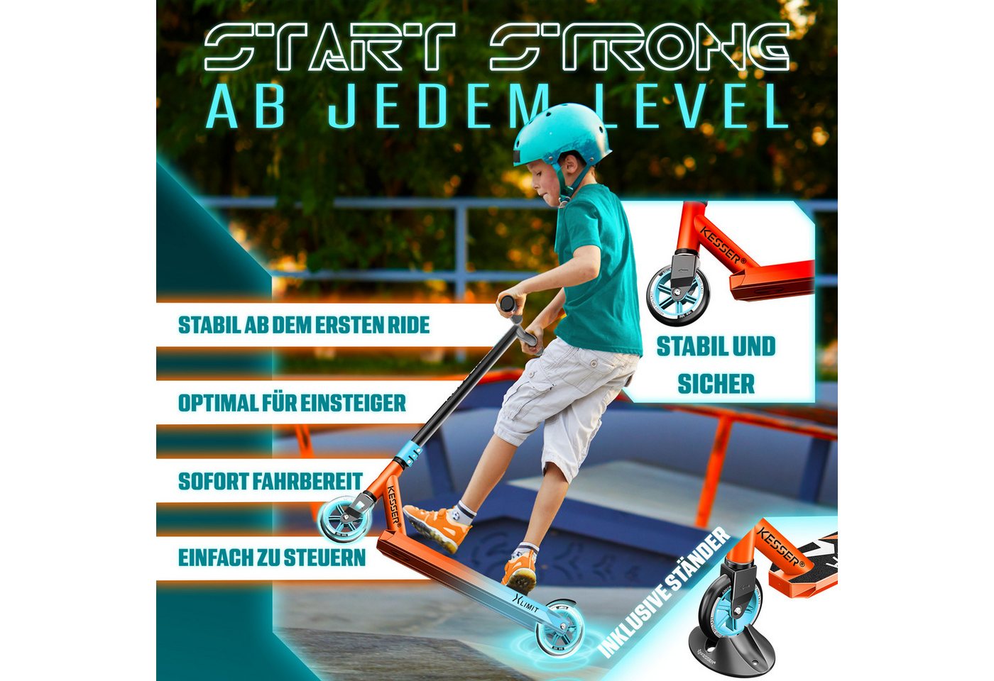 KESSER Stuntscooter X-Limit 360° Lenkung ABEC 9 100 mm PU Räder Rot Hellblau Bild 5