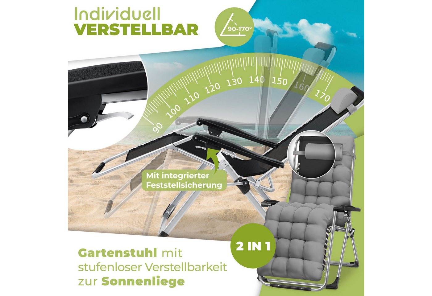 KESSER Sonnenliege Klappbar mit Getränkehalter und Auflage Grau