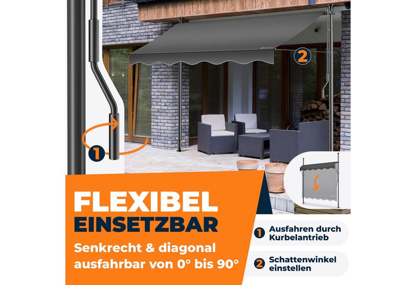 KESSER Klemmmarkise für Balkon mit Handkurbel Ohne Bohren 150 cm Anthrazit Bild 3