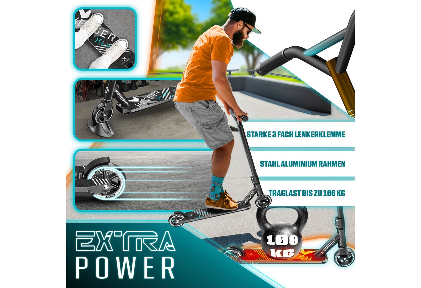 KESSER Stuntscooter X-Limit 360° Lenkung ABEC 9 100 mm PU Räder Schwarz