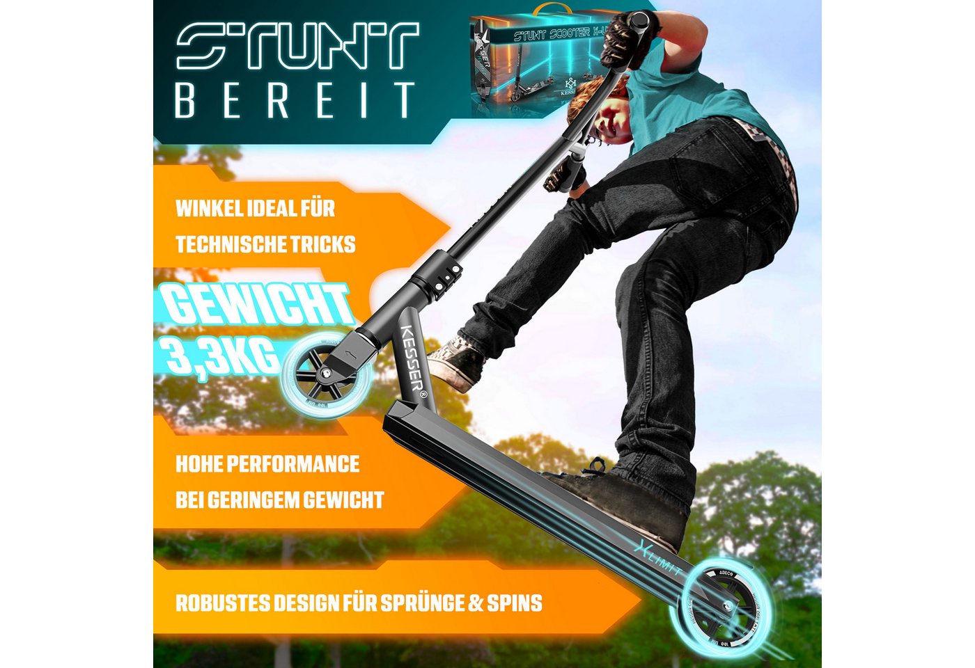 KESSER Stuntscooter X-Limit 360° Lenkung ABEC 9 100 mm PU Räder Schwarz Bild 2