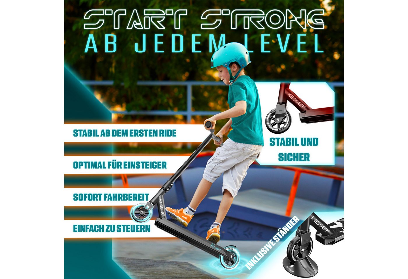 KESSER Stuntscooter X-Limit 360° Lenkung ABEC 9 100 mm PU Räder Schwarz Bild 5