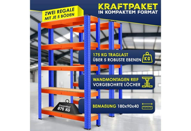 MASKO Schwerlastregale 180 x 90 x 40 cm 5 Böden Orange Blau 2er Set