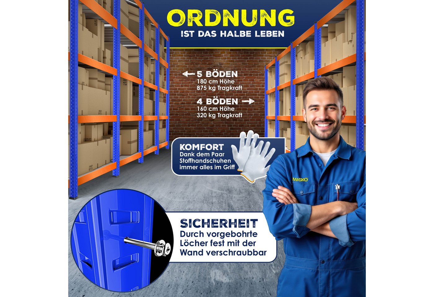 MASKO Schwerlastregale 180 x 90 x 40 cm 5 Böden Orange Blau 2er Set Bild 2